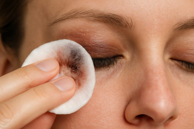coton imbibé retirant maquillage d'un oeil