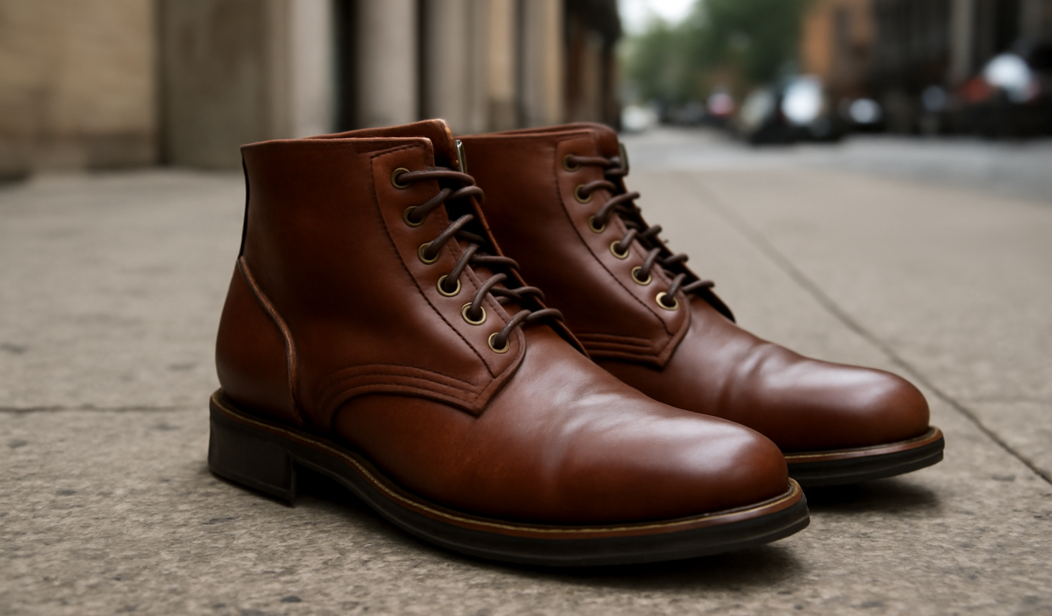 paire de bottines posée sur trottoir urbain