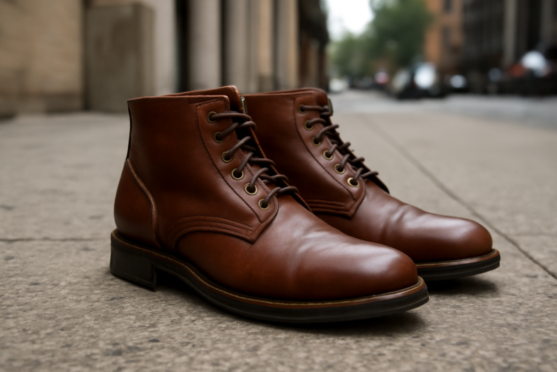 paire de bottines posée sur trottoir urbain