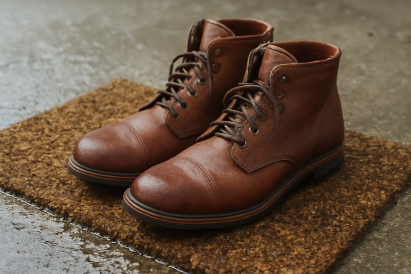 bottines posées sur paillasson mouillé