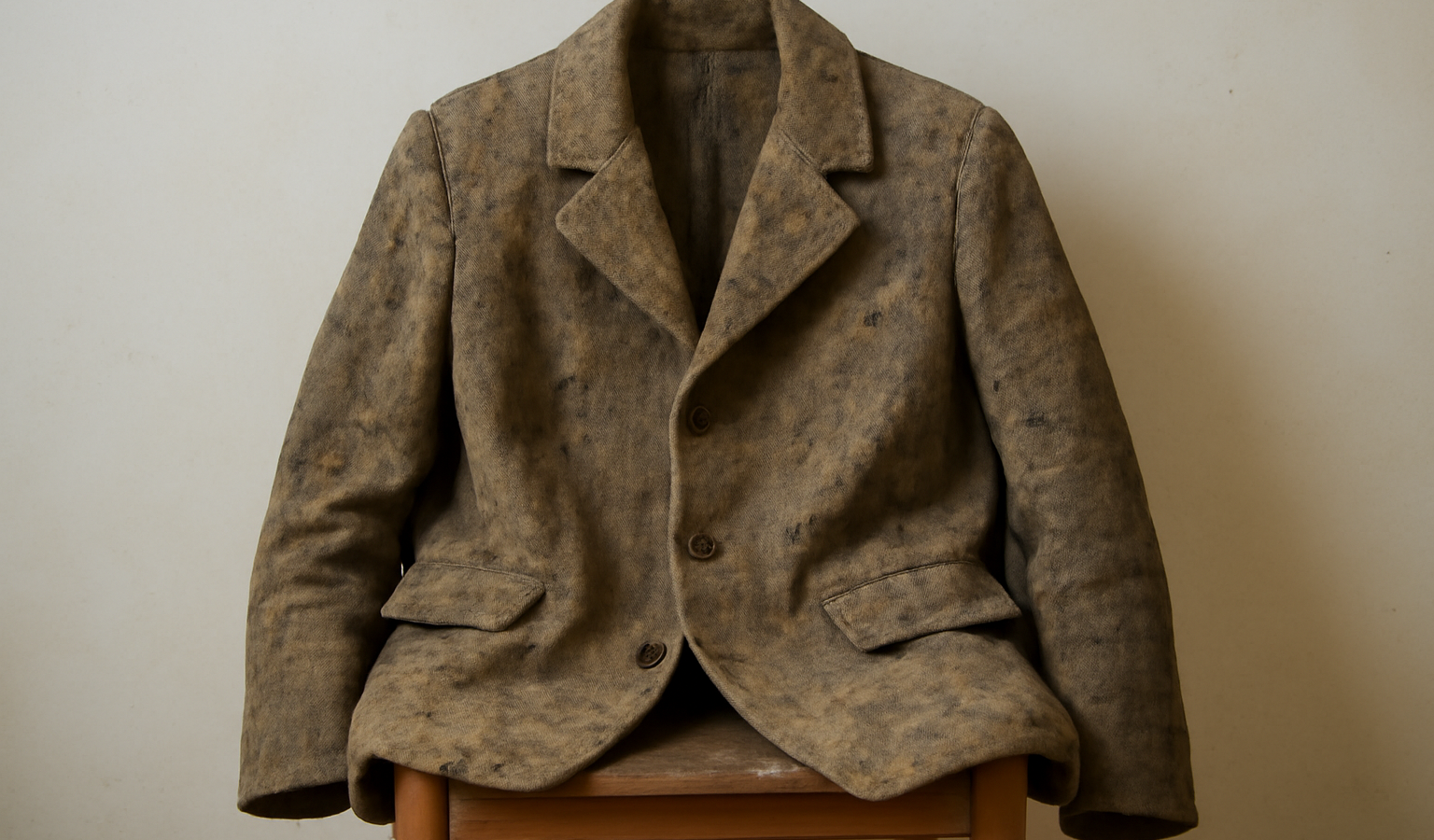 manteau en laine taché de boue sur chaise