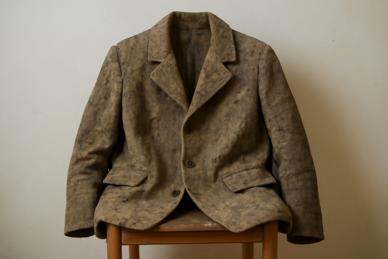 manteau en laine taché de boue sur chaise