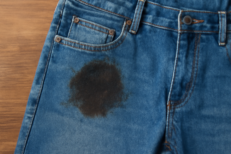 tache grasse sur jean posé sur table