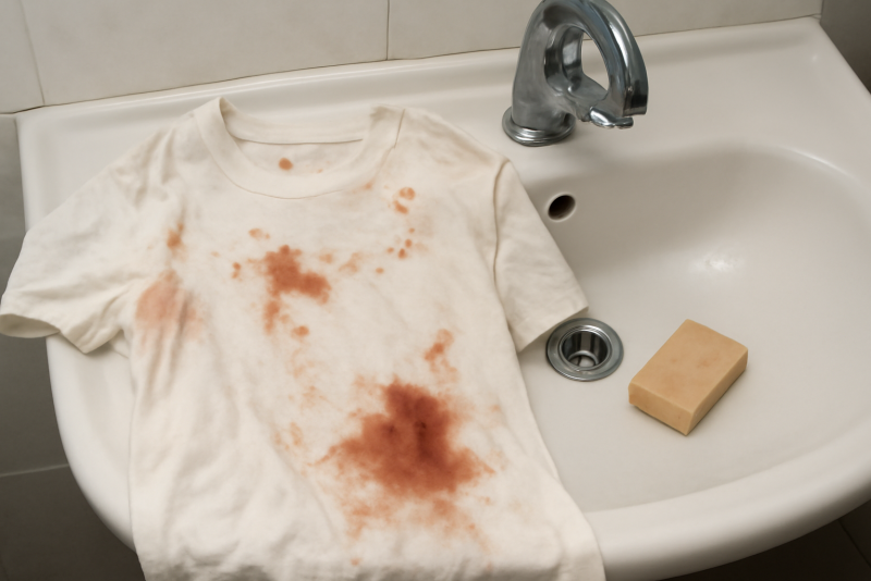 t-shirt taché posé sur lavabo avec savon