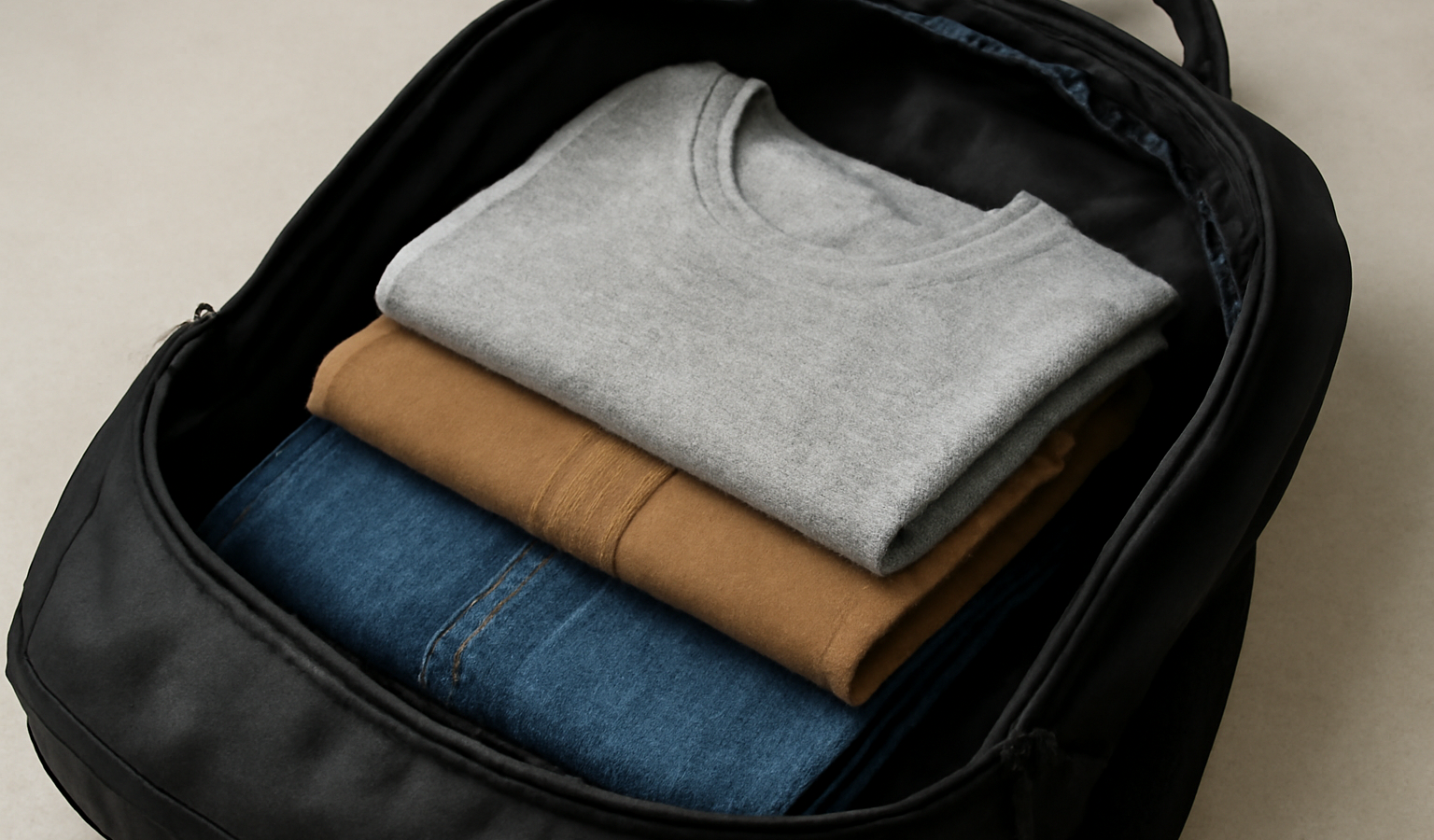sac a dos ouvert avec tenues pliées