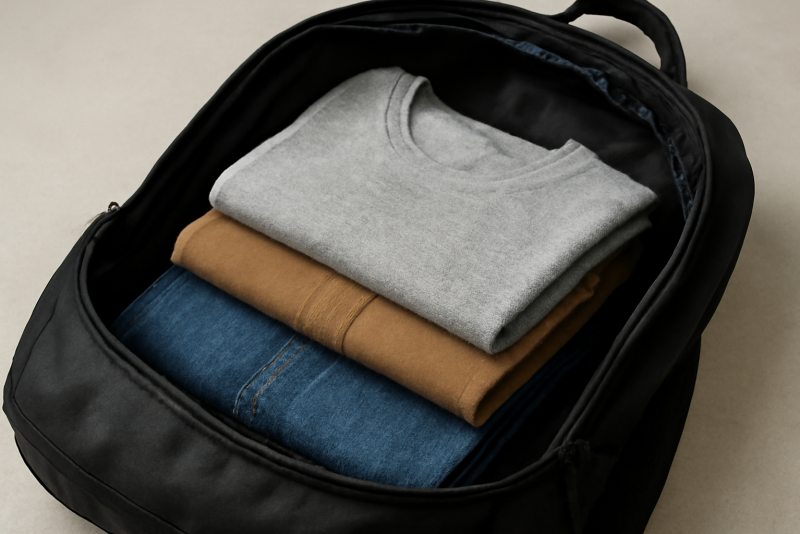 sac a dos ouvert avec tenues pliées