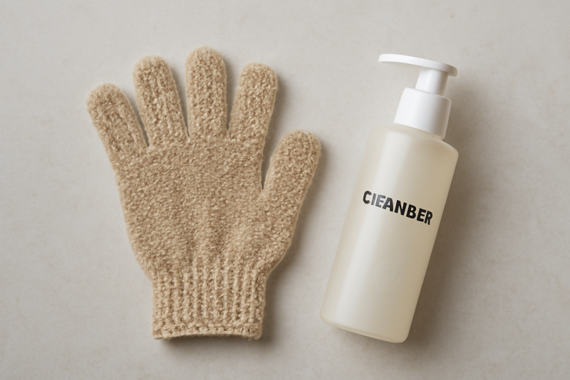 gants exfoliants et produit nettoyant disposés