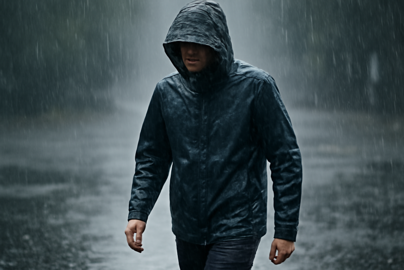 personne marchant sous pluie avec veste impermeable