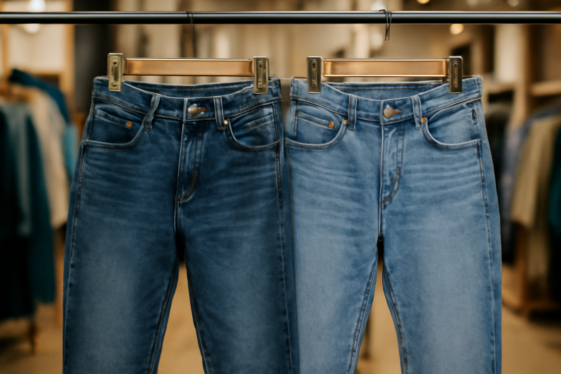 deux jeans suspendus côte à côte en boutique