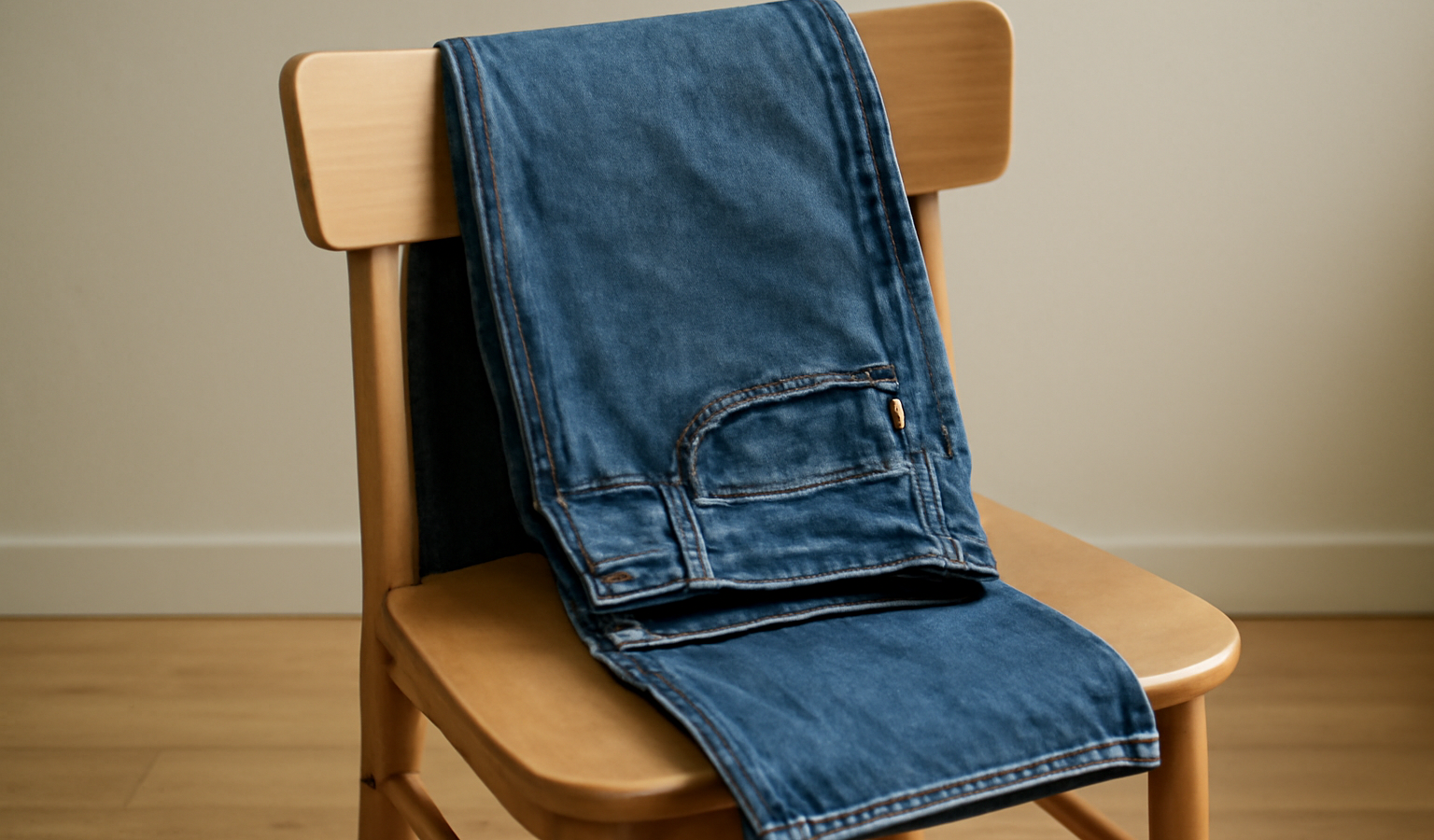 jean posé sur chaise en bois clair