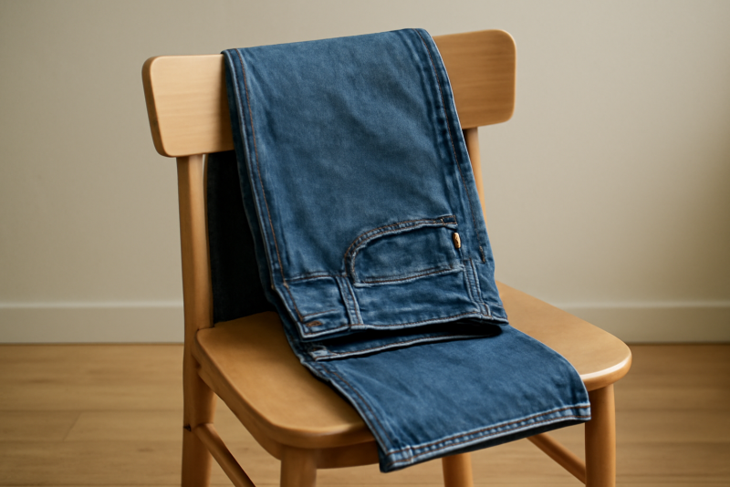 jean posé sur chaise en bois clair