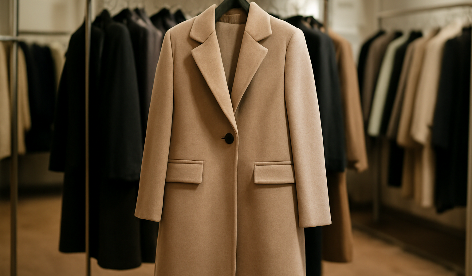 manteau long accroche sur portant en magasin