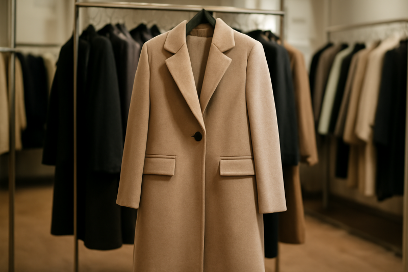 manteau long accroche sur portant en magasin