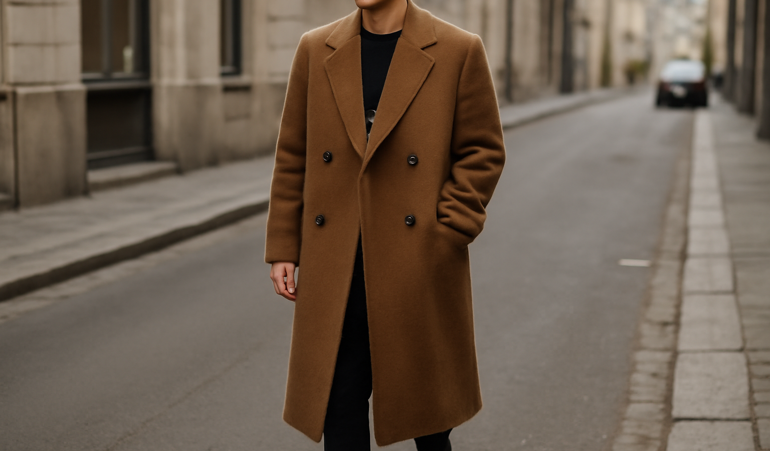 personne portant un manteau long en rue