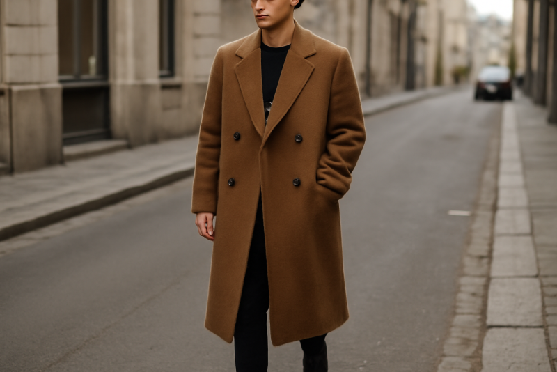 personne portant un manteau long en rue