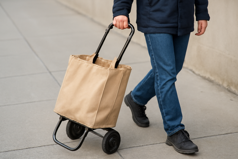 personne poussant un petit sac de courses