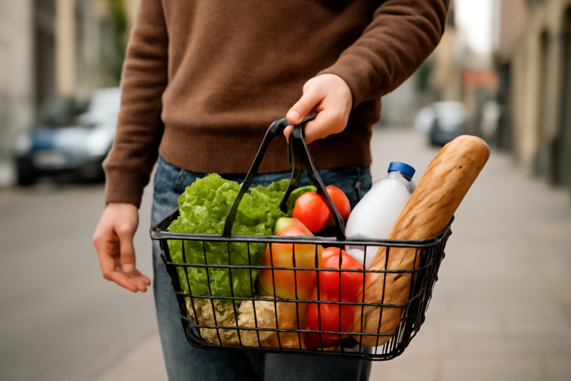 personne tenant panier de courses urbain