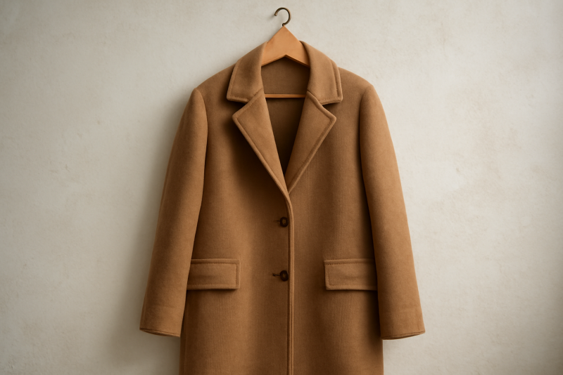 manteau en laine accroché prêt pour nettoyage