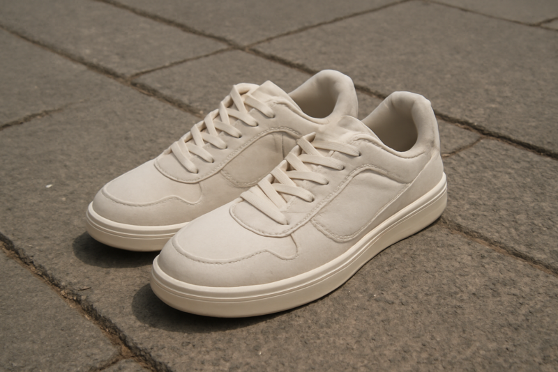 paire de baskets neutres posée sur trottoir