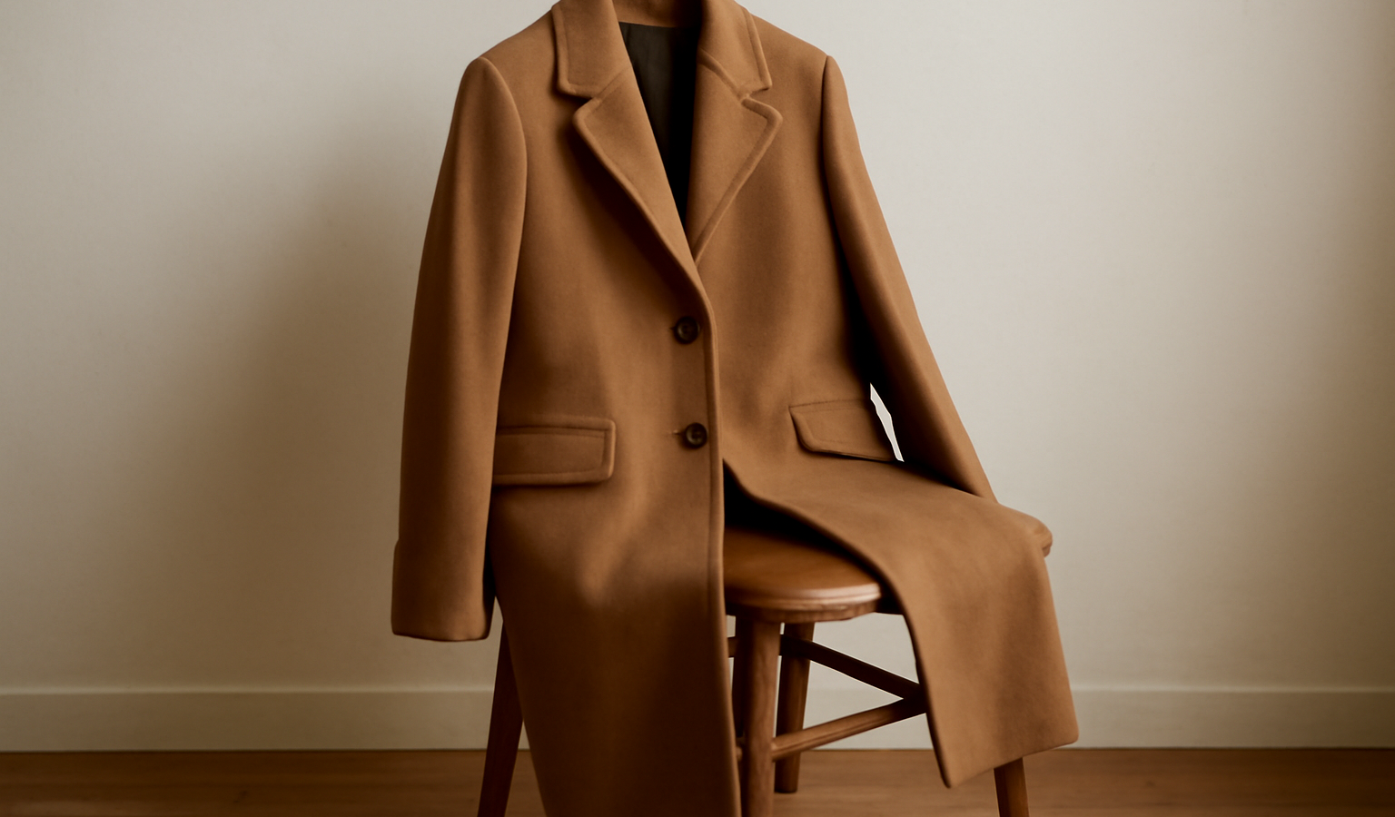 manteau long pose sur chaise en bois