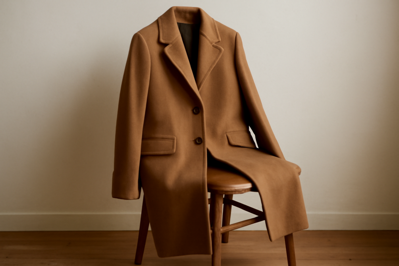 manteau long pose sur chaise en bois