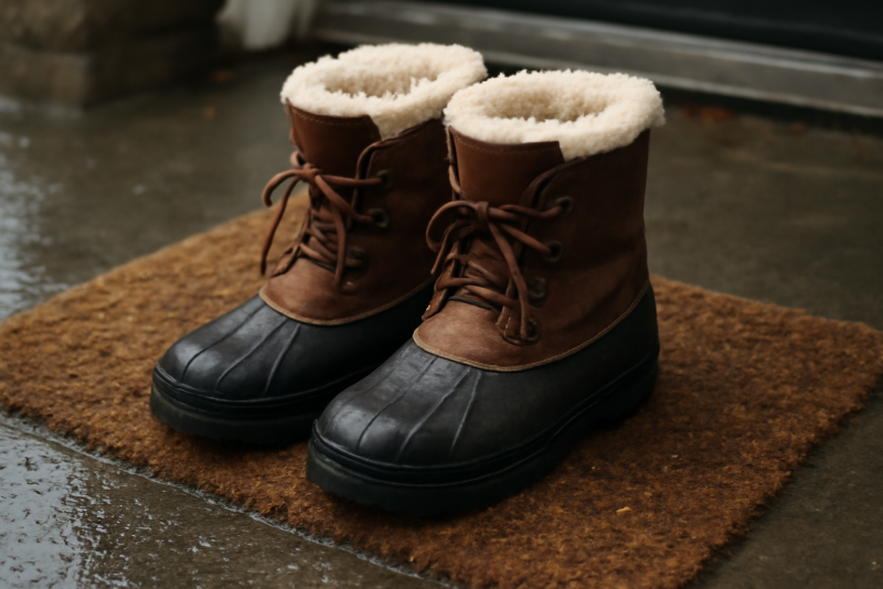 bottes d'hiver posees sur paillasson mouillé