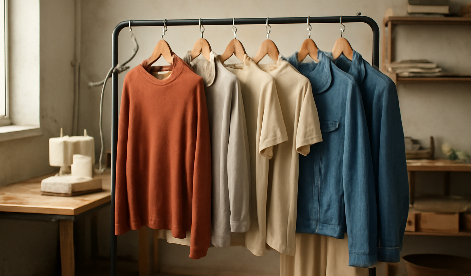 vêtements posés sur portant dans petit atelier