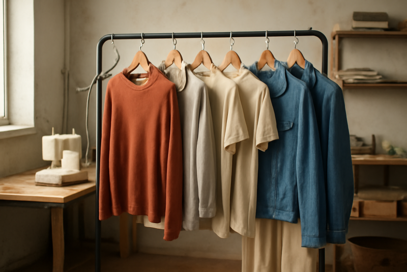 vêtements posés sur portant dans petit atelier