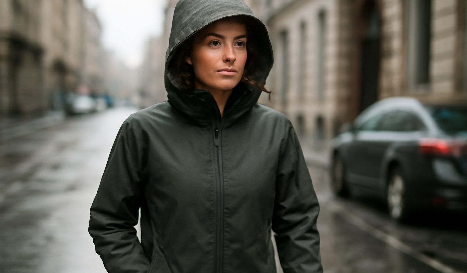 personne portant veste impermee en rue