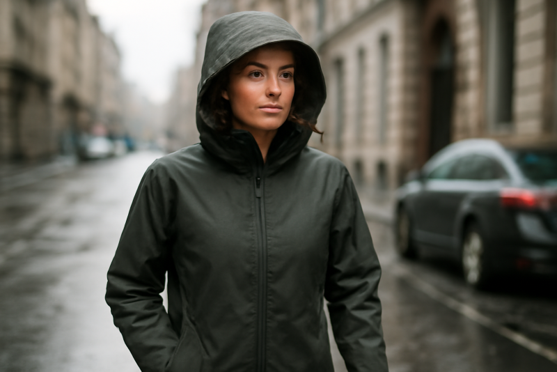 personne portant veste impermee en rue