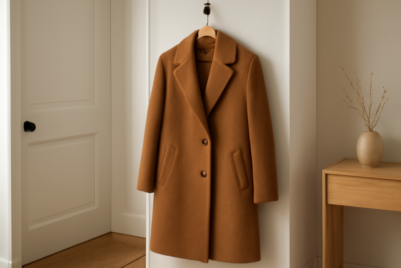 manteau en laine sur cintre dans entrée