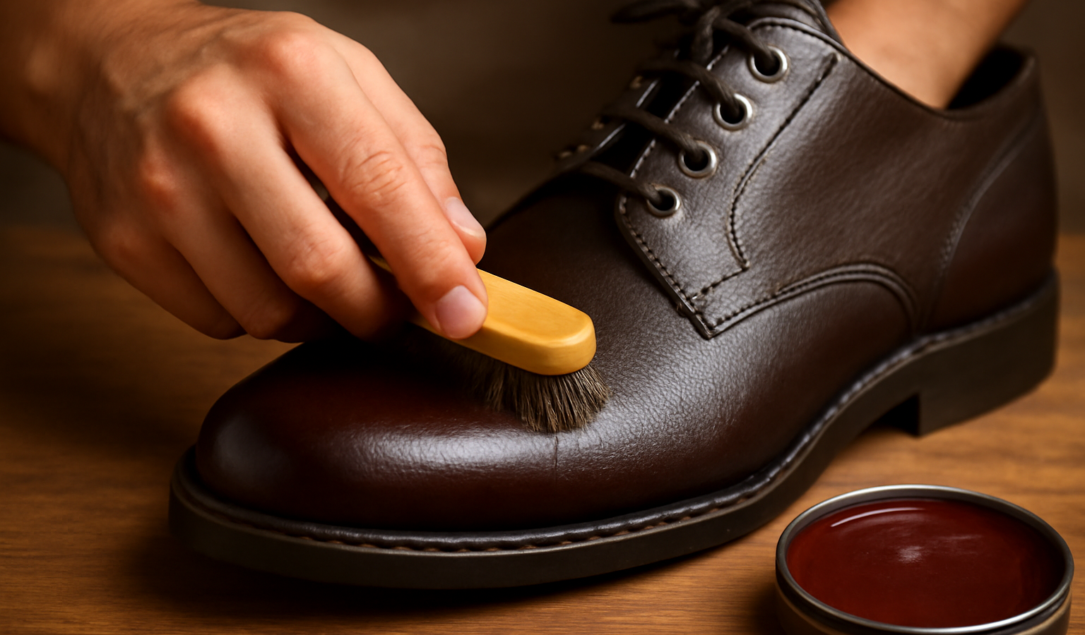 mains appliquant cire sur une chaussure en cuir