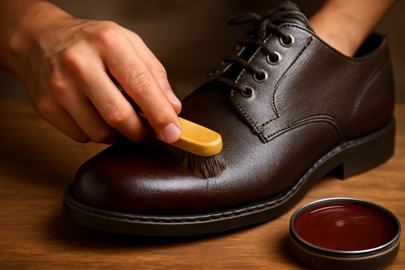 mains appliquant cire sur une chaussure en cuir