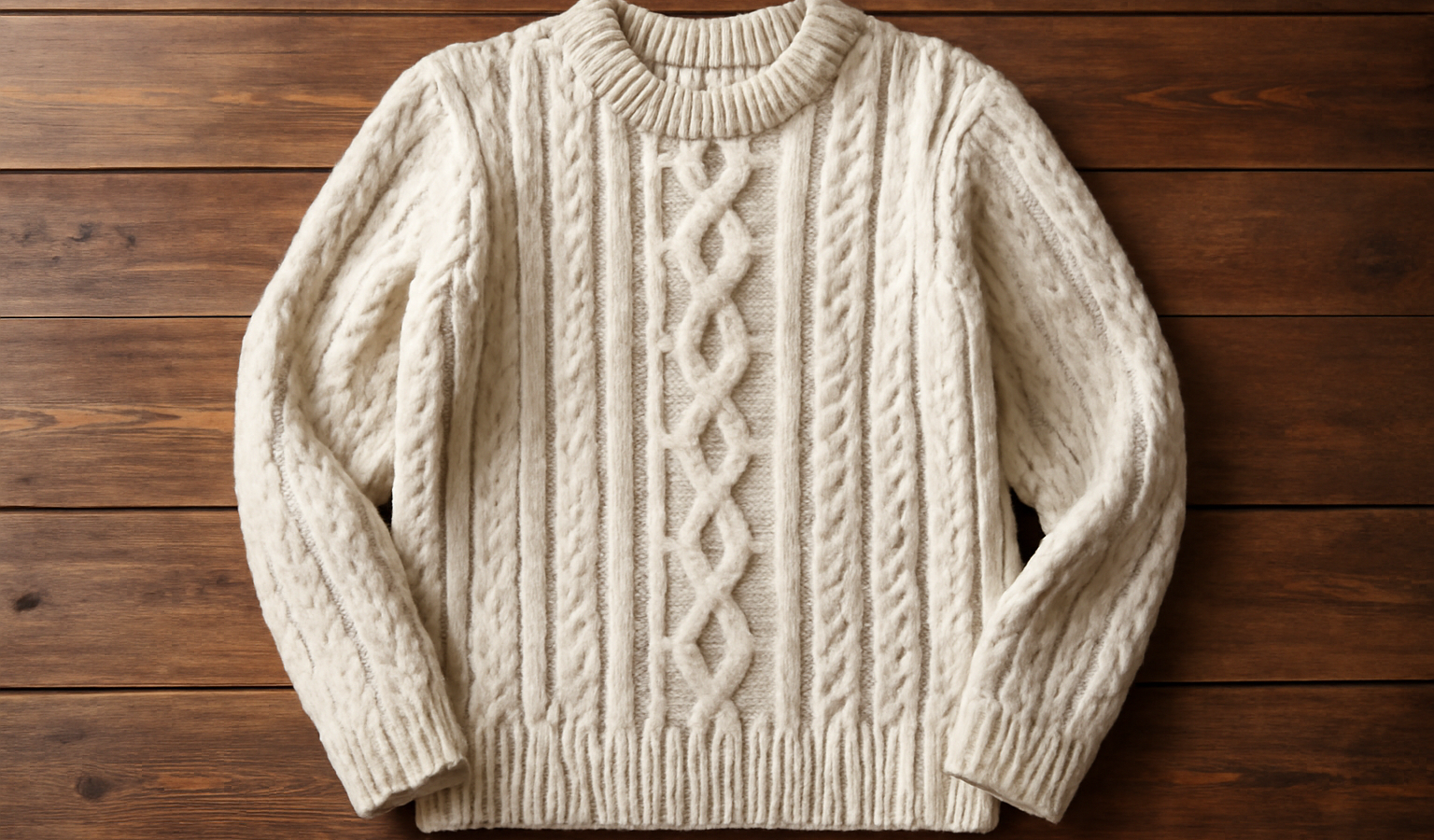 pull en laine étalé sur table en bois