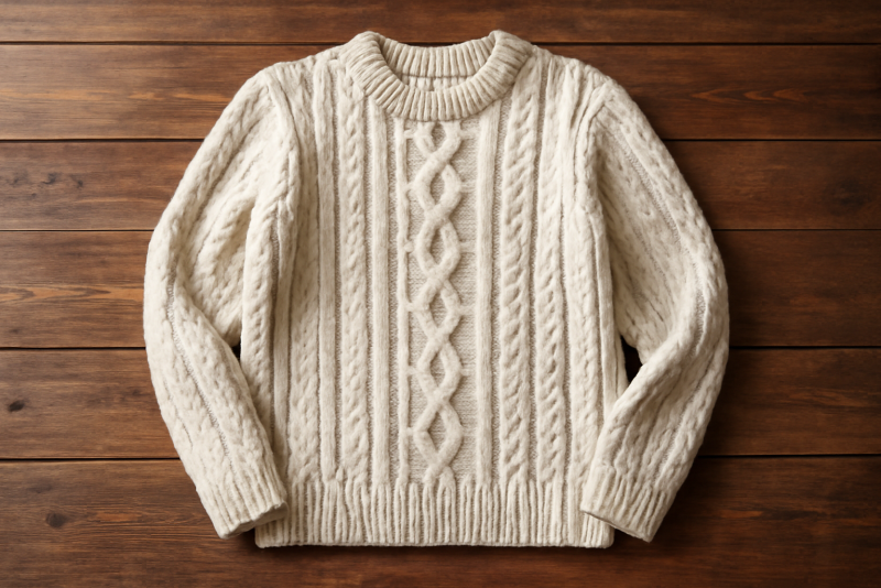 pull en laine étalé sur table en bois