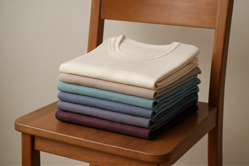 pile de t-shirts fins sur chaise en bois