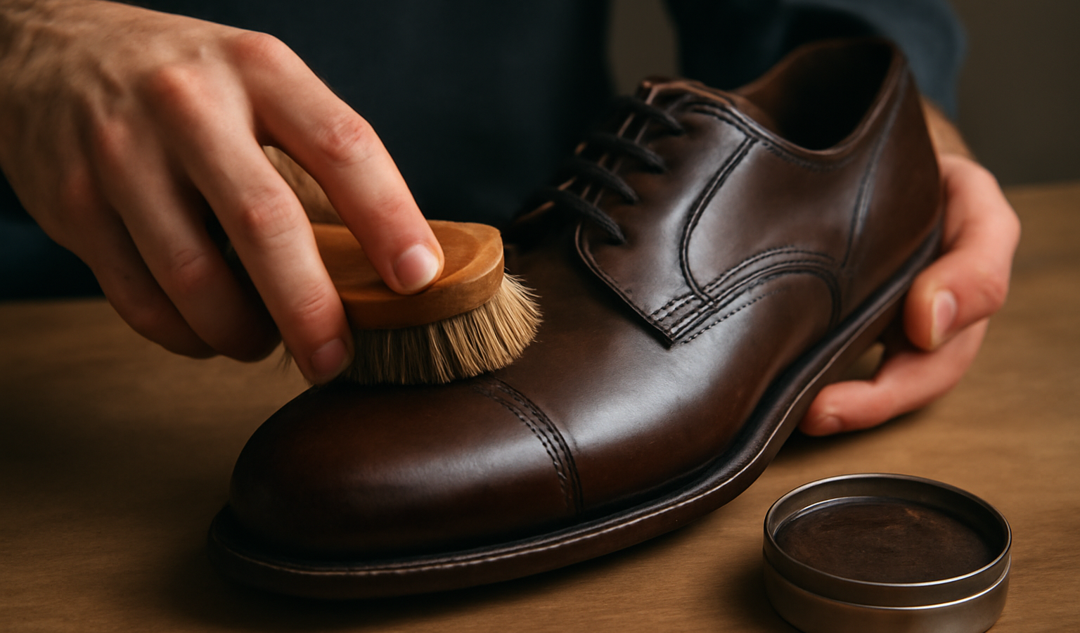 mains cirant une paire de chaussures en cuir