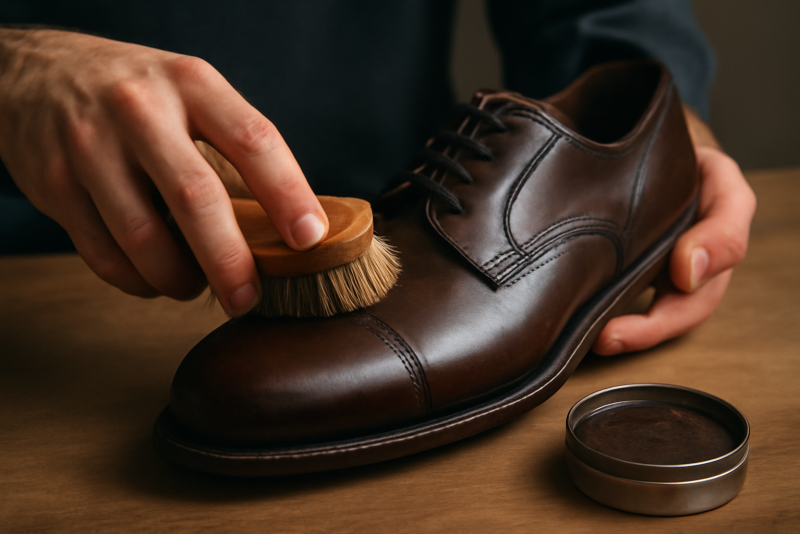 mains cirant une paire de chaussures en cuir