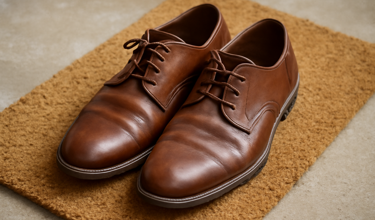 chaussures en cuir posees sur paillasson