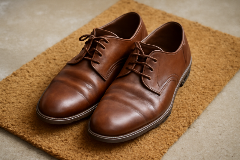 chaussures en cuir posees sur paillasson