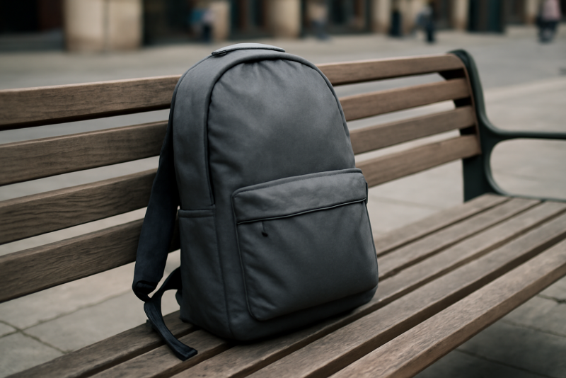 sac leger pose sur banc urbain