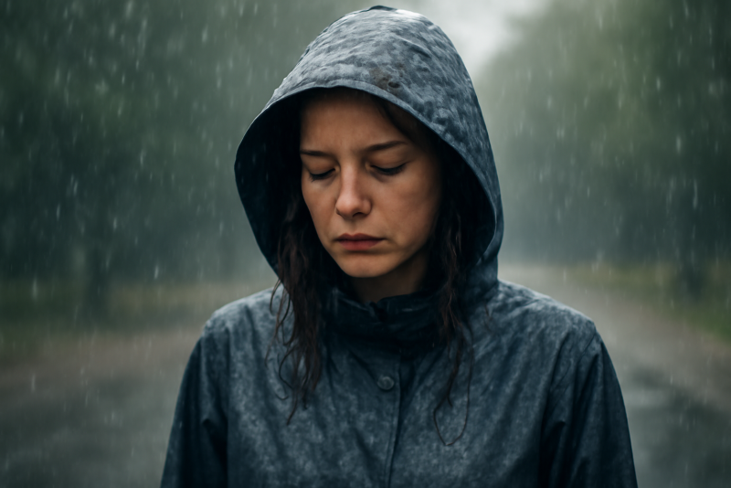 personne sous pluie légère avec imperméable