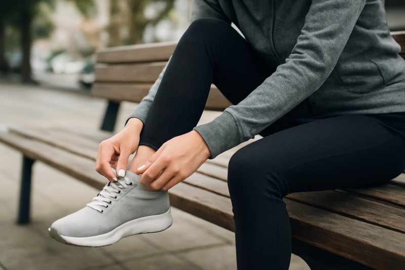 personne attachant ses baskets sur banc urbain