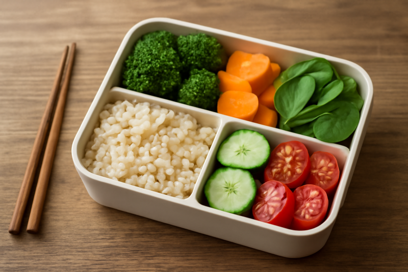 bento sain avec légumes et céréales sur table