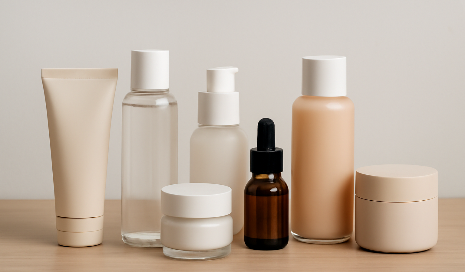 produits de beauté alignés sur une table simple