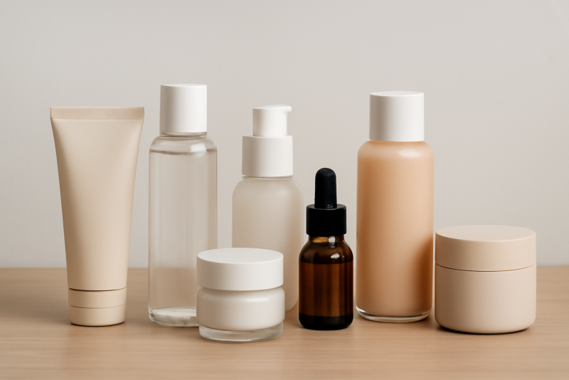 produits de beauté alignés sur une table simple