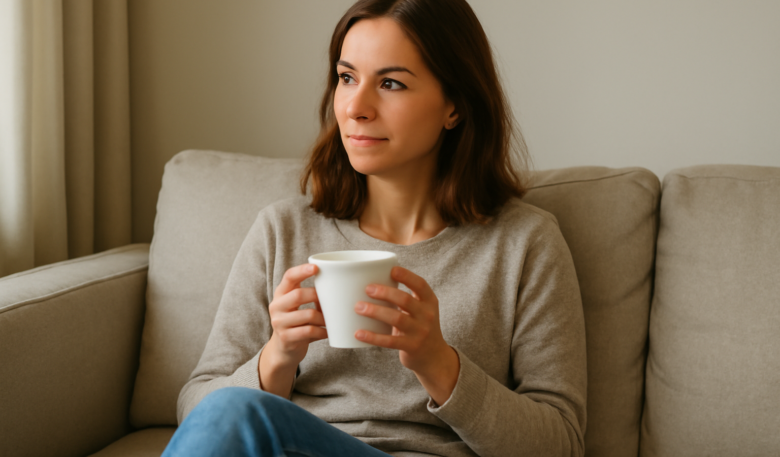 personne assise sur canapé avec tasse