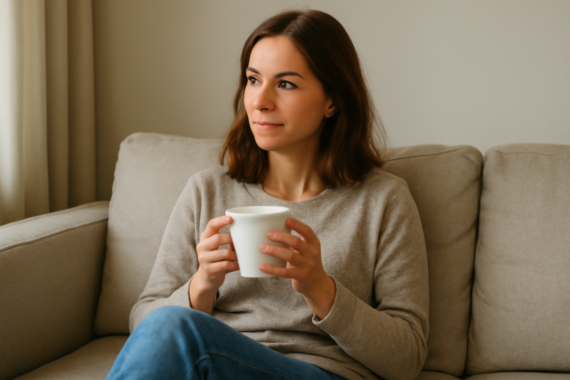 personne assise sur canapé avec tasse