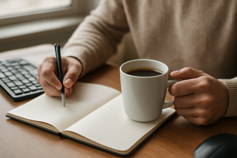 personne prenant un café et carnet au bureau