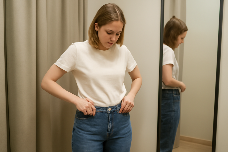 personne essayant pantalon en cabine d'essayage simple